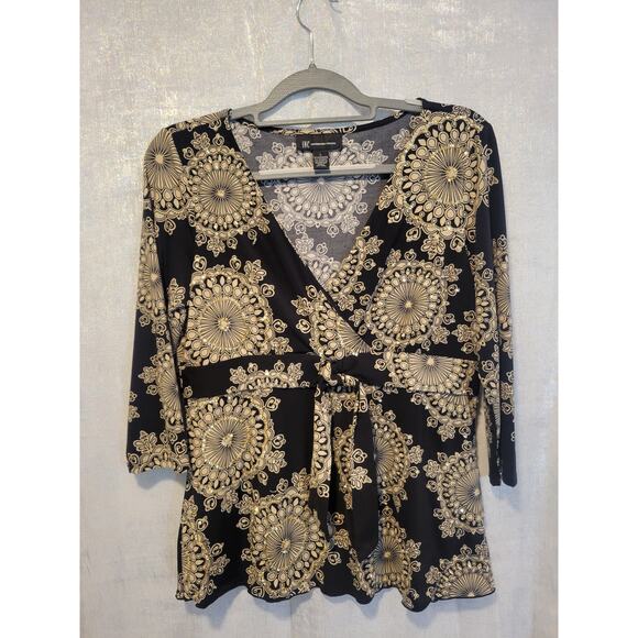 Tops - INC Black Tan Sparkle L Faux Wrap VNeck Geo‎ Print Blouse Whimsigoth Fairycore